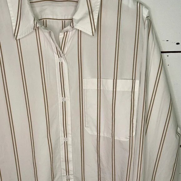 Jenni Kayne Boyfriend Khaki and White Double Striped Button Up Shirt - XL
